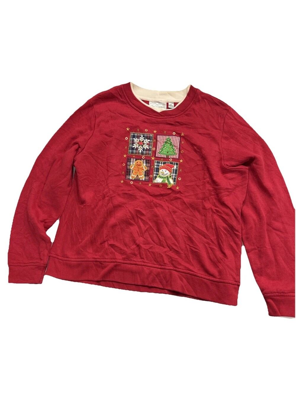Studio Works Women’s Sweater Petite Large Red Snowman Gingerbread Christmas Tree